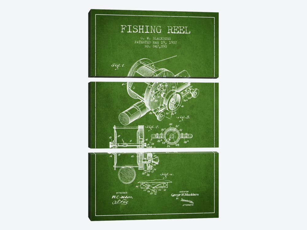 Fishing Reel Green Patent Blueprint by Aged Pixel 3-piece Canvas Art