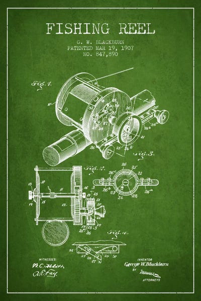 Sports Blueprints: Fishing Reel Green Patent Blueprint by Aged Pixel
