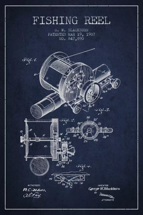 Fishing Reel Navy Blue Patent Blueprint