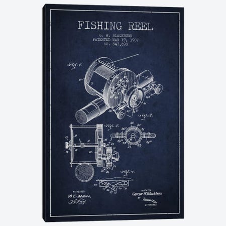 Fishing Reel Navy Blue Patent Blueprint Canvas Print #ADP1226} by Aged Pixel Art Print