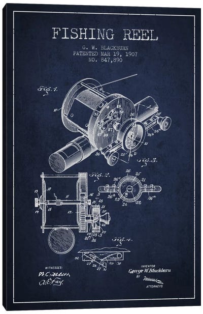 Fishing Reel Navy Blue Patent Blueprint Canvas Art Print - Aged Pixel: Sports