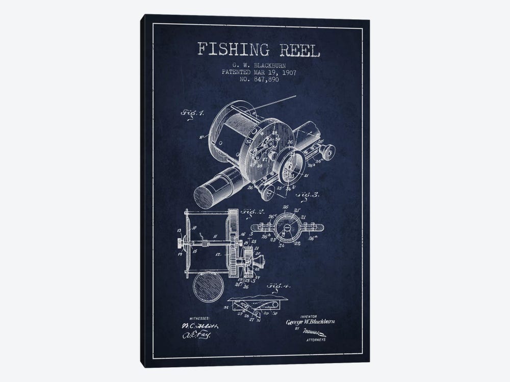 Fishing Reel Navy Blue Patent Blueprint by Aged Pixel 1-piece Canvas Print