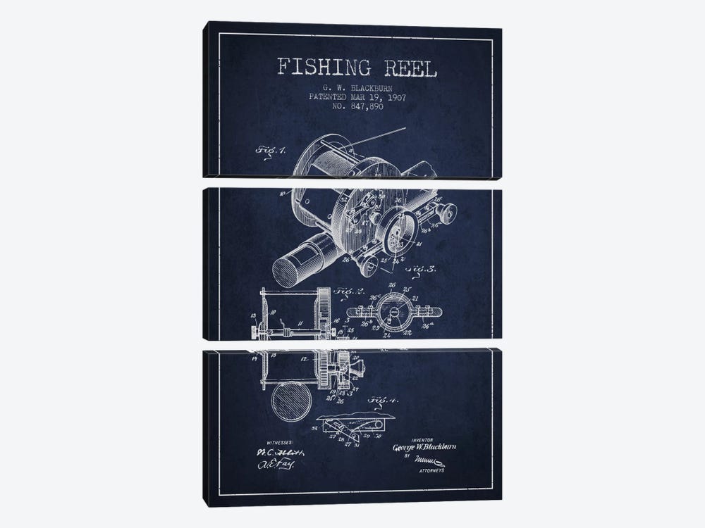 Fishing Reel Navy Blue Patent Blueprint by Aged Pixel 3-piece Art Print