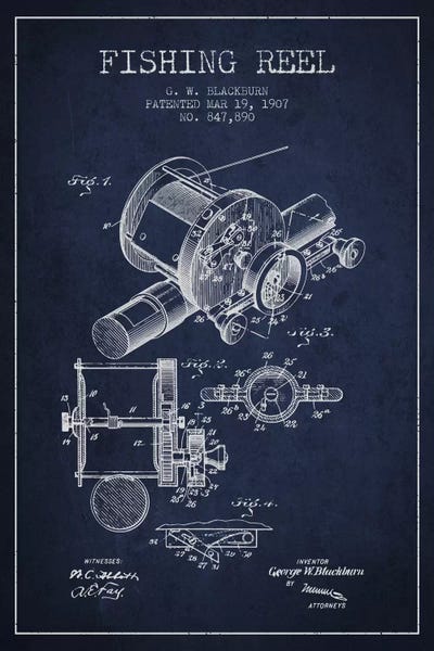 Sports Blueprints: Fishing Reel Navy Blue Patent Blueprint by Aged Pixel