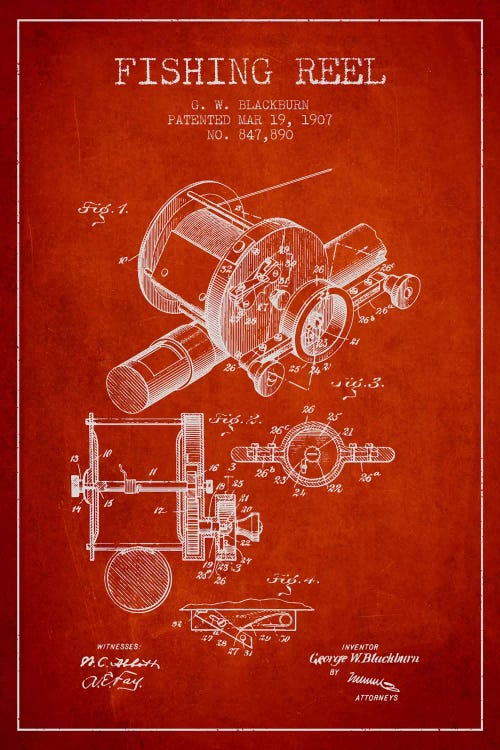 Fishing Reel Red Patent Blueprint