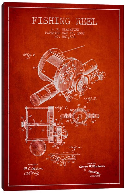 Fishing Reel Red Patent Blueprint Canvas Art Print - Fishing Art