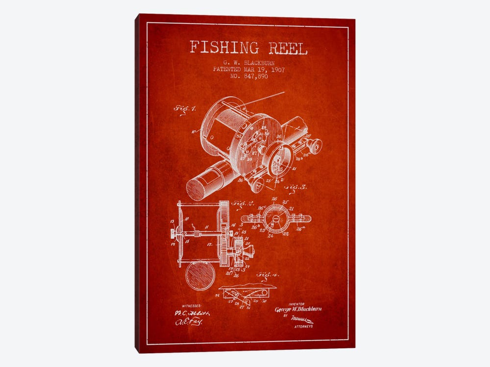 Fishing Reel Red Patent Blueprint by Aged Pixel 1-piece Canvas Art