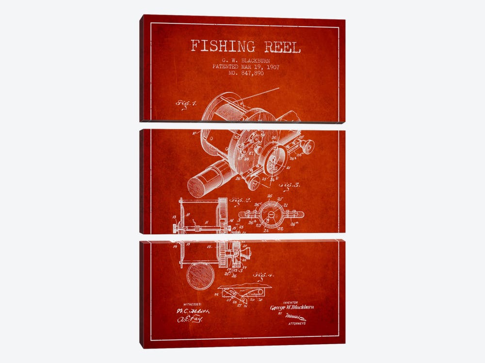 Fishing Reel Red Patent Blueprint by Aged Pixel 3-piece Canvas Artwork