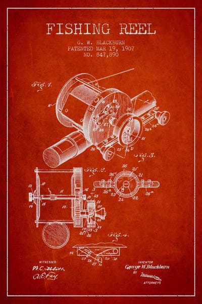 Sports Blueprints: Fishing Reel Red Patent Blueprint by Aged Pixel