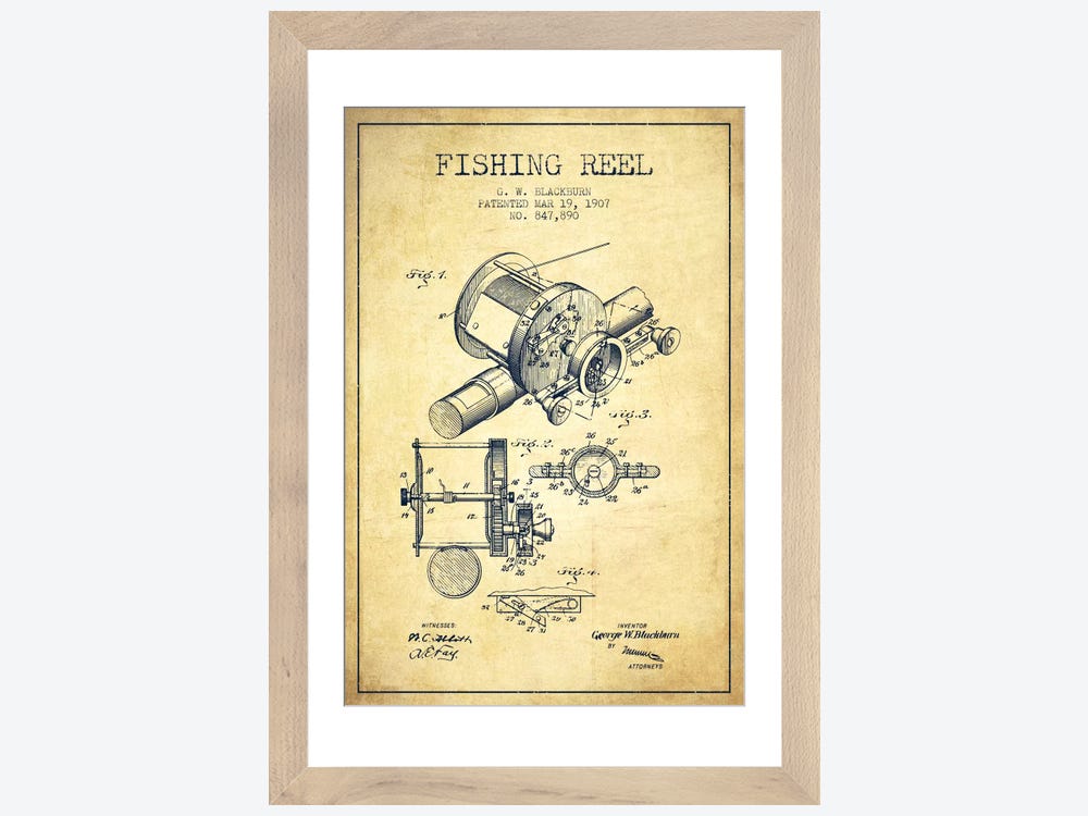 Williston Forge '1903 Fishing Reel Vintage Patent Artwork' Framed Drawing Print On Canvas, Black