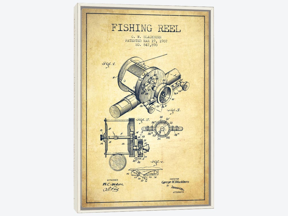 Aged Pixel Large Canvas Art Prints - Fishing Reel Vintage Patent Blueprint ( Sports > Fishing art) - 60x40 in
