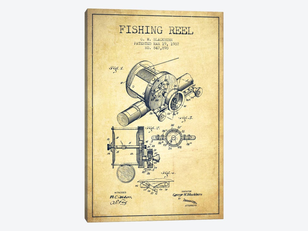 Fishing Reel Vintage Patent Blueprint by Aged Pixel 1-piece Canvas Print