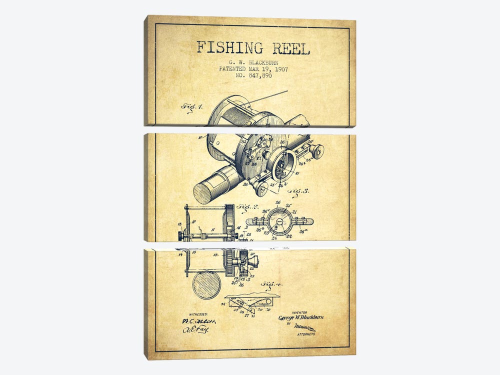 Fishing Reel Vintage Patent Blueprint by Aged Pixel 3-piece Canvas Art Print