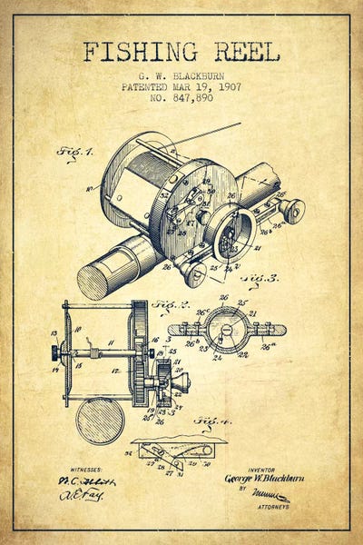 Sports Blueprints: Fishing Reel Vintage Patent Blueprint by Aged Pixel