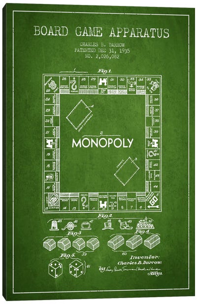 Monopoly Green Patent Blueprint Canvas Art Print - Toy & Game Blueprints