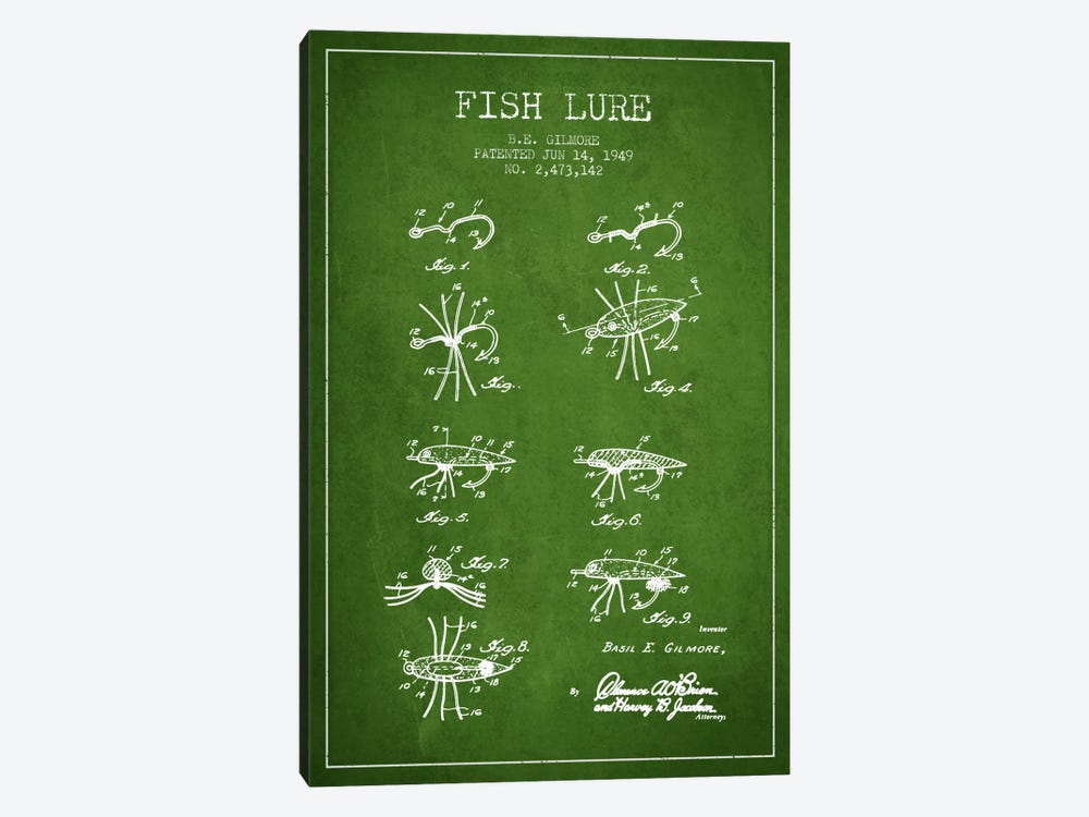 Fish Lure Green Patent Blueprint by Aged Pixel 1-piece Canvas Artwork