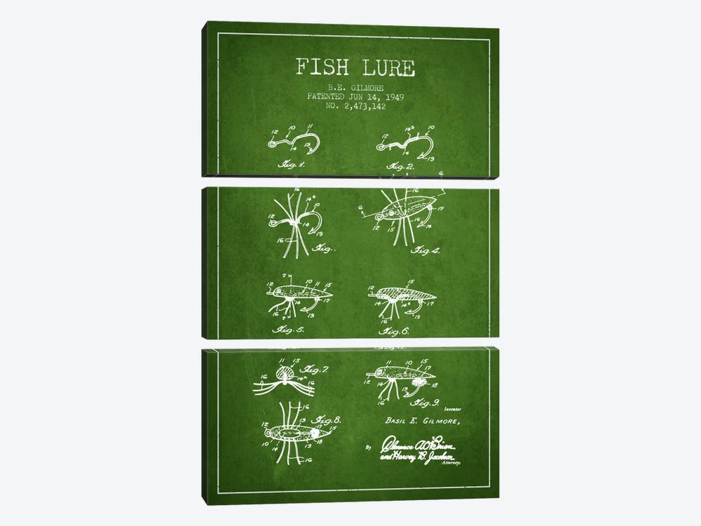 Fish Lure Green Patent Blueprint by Aged Pixel 3-piece Canvas Art