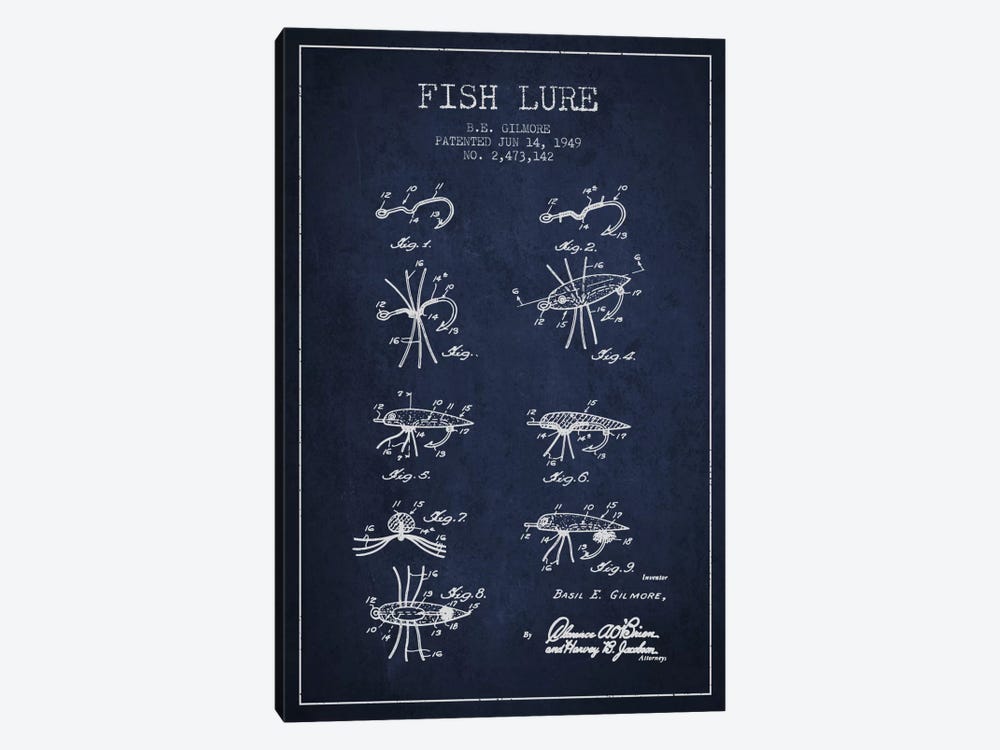 Fish Lure Navy Blue Patent Blueprint by Aged Pixel 1-piece Art Print