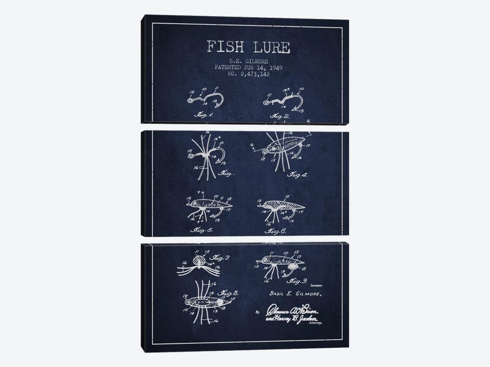 Fish Lure Navy Blue Patent Blueprint by Aged Pixel 3-piece Art Print