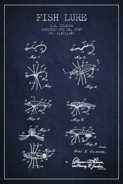 Fishing: Fish Lure Navy Blue Patent Blueprint by Aged Pixel
