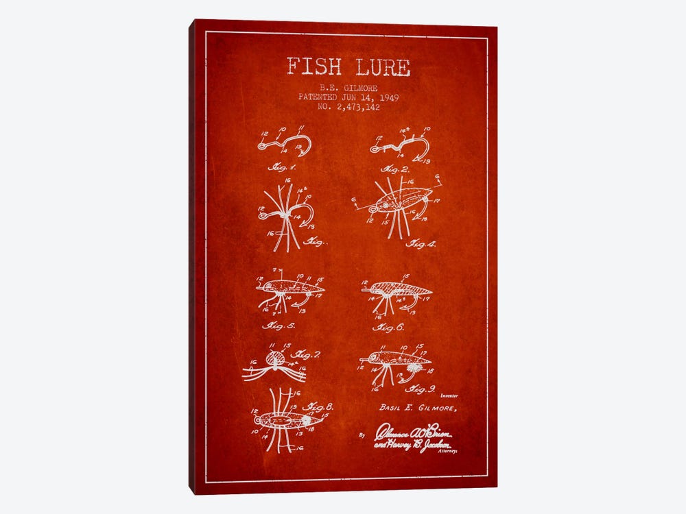 Fish Lure Red Patent Blueprint by Aged Pixel 1-piece Canvas Artwork