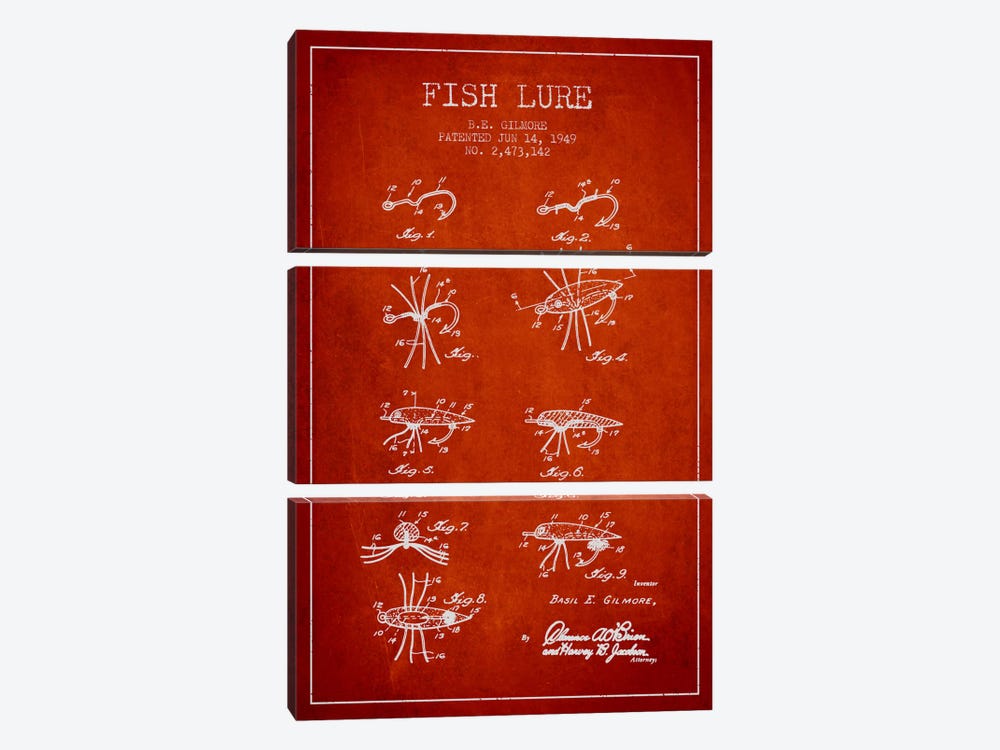 Fish Lure Red Patent Blueprint by Aged Pixel 3-piece Canvas Art