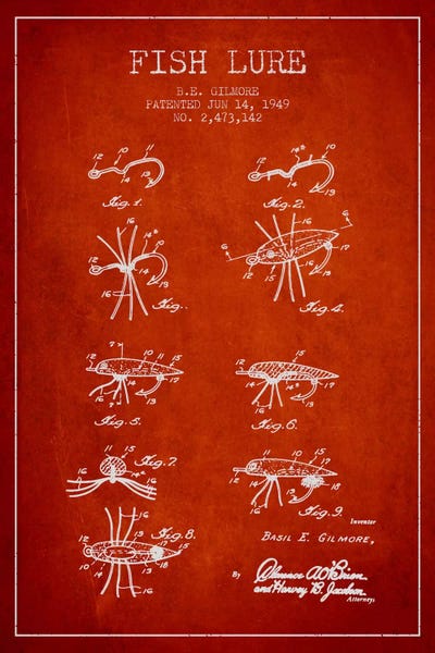 Fishing: Fish Lure Red Patent Blueprint by Aged Pixel