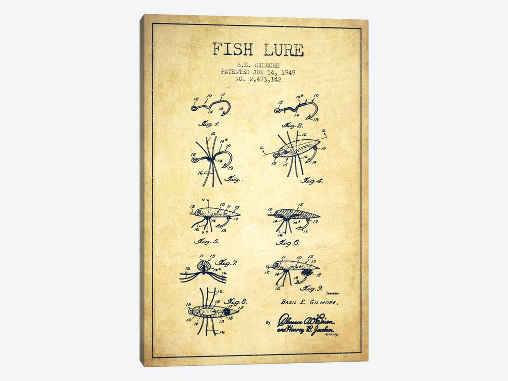 Fish Lure Vintage Patent Blueprint by Aged Pixel 1-piece Canvas Art Print