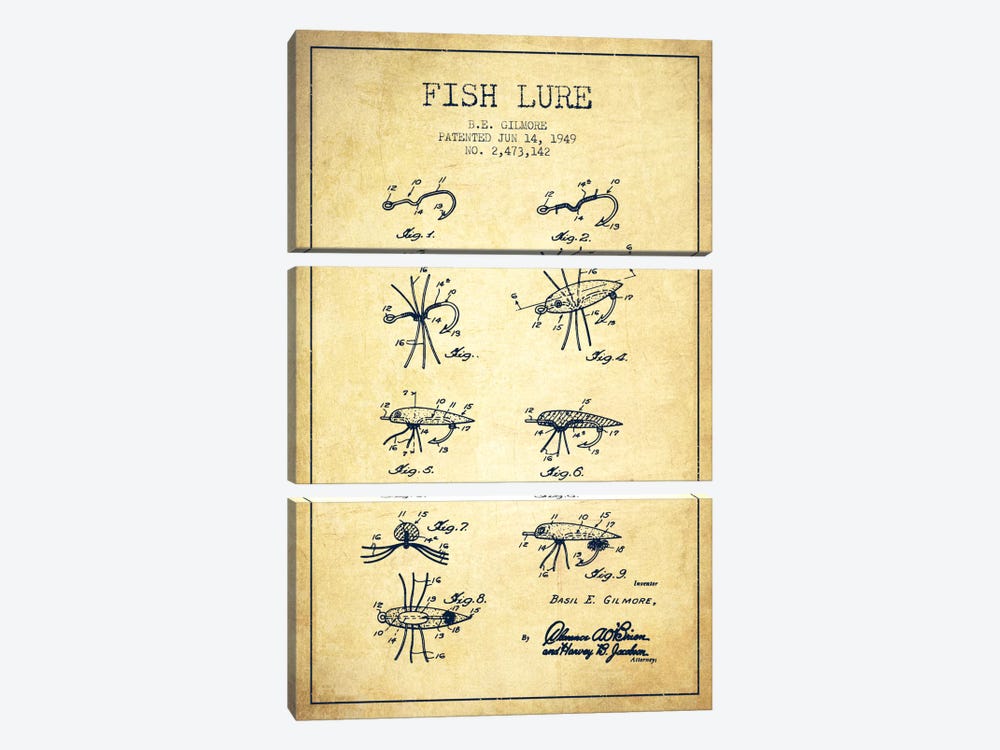 Fish Lure Vintage Patent Blueprint by Aged Pixel 3-piece Canvas Print