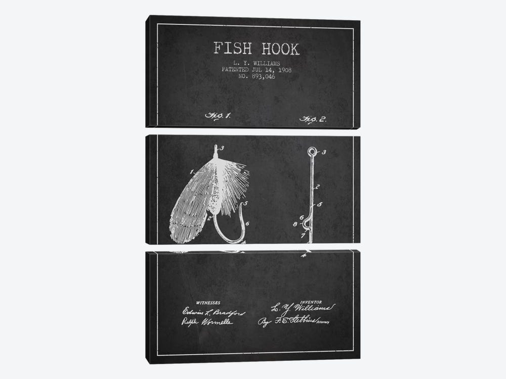 Fish Hook Charcoal Patent Blueprint by Aged Pixel 3-piece Canvas Wall Art
