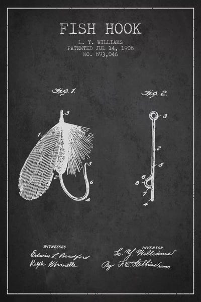 Fishing: Fish Hook Charcoal Patent Blueprint by Aged Pixel