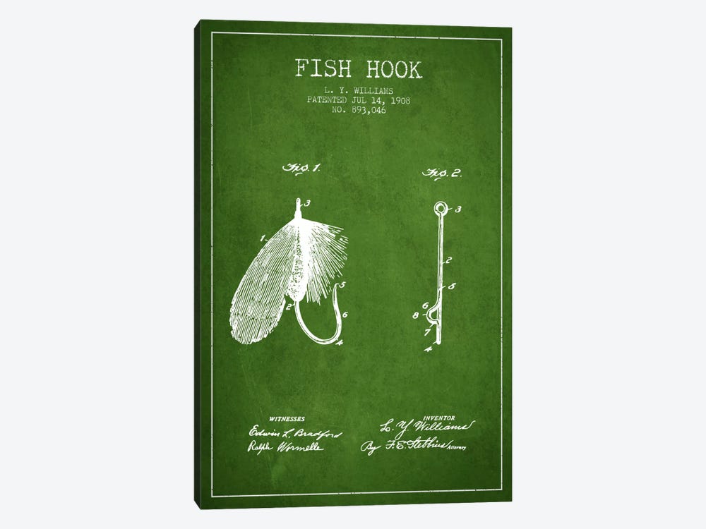 Fish Hook Green Patent Blueprint by Aged Pixel 1-piece Canvas Print