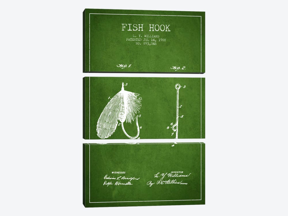 Fish Hook Green Patent Blueprint by Aged Pixel 3-piece Canvas Print