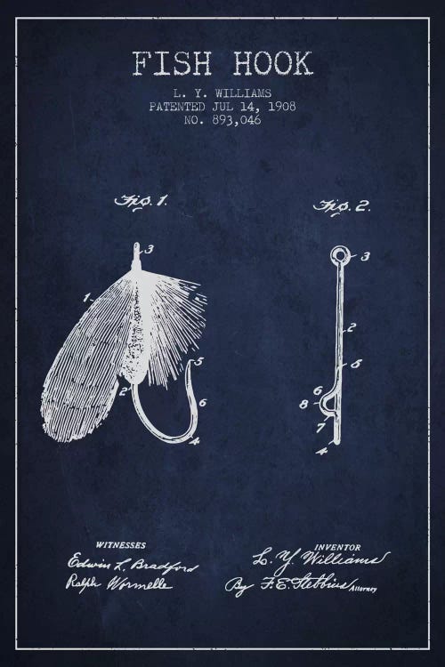 Fish Hook Navy Blue Patent Blueprint by Aged Pixel wall art