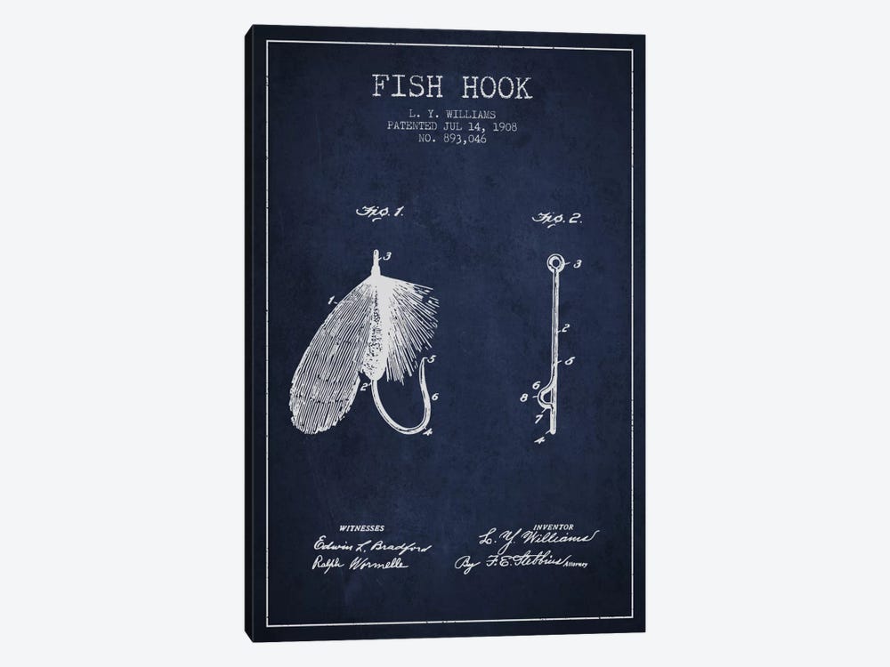 Fish Hook Navy Blue Patent Blueprint by Aged Pixel 1-piece Canvas Artwork