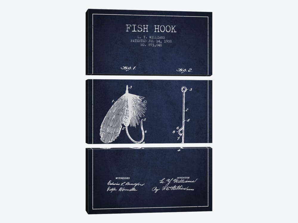 Fish Hook Navy Blue Patent Blueprint by Aged Pixel 3-piece Canvas Artwork
