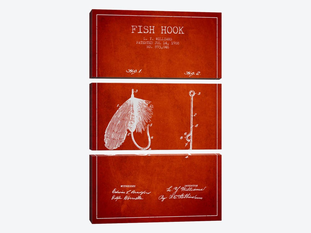 Fish Hook Red Patent Blueprint by Aged Pixel 3-piece Canvas Print