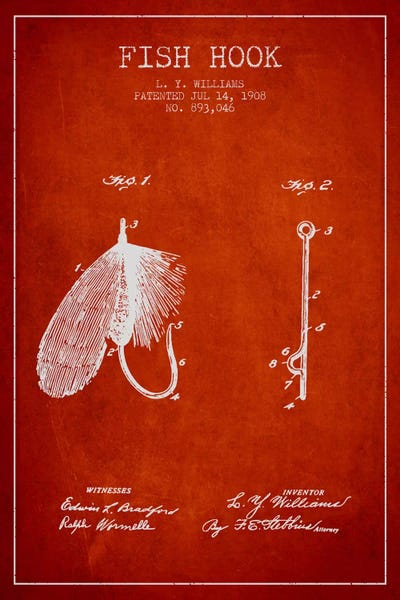 Fishing: Fish Hook Red Patent Blueprint by Aged Pixel