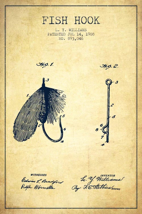 Fish Hook Vintage Patent Blueprint by Aged Pixel wall art