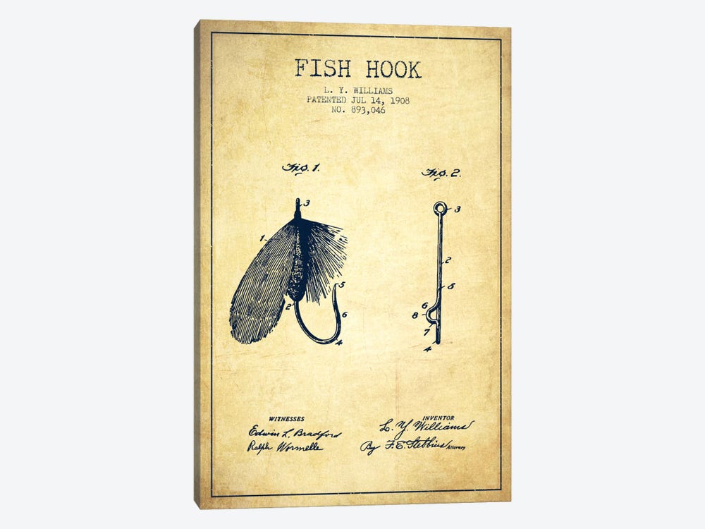 Fish Hook Vintage Patent Blueprint by Aged Pixel 1-piece Canvas Artwork