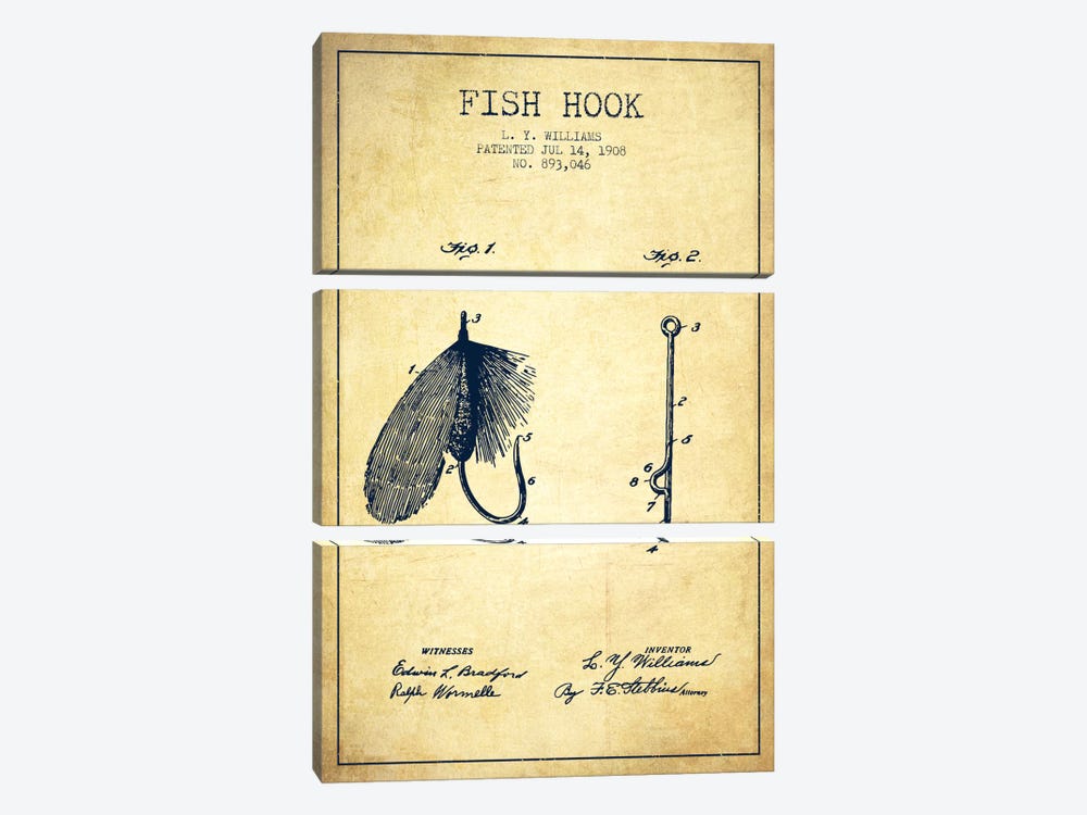 Fish Hook Vintage Patent Blueprint by Aged Pixel 3-piece Canvas Artwork
