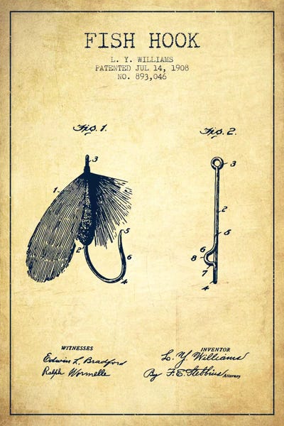 Fishing: Fish Hook Vintage Patent Blueprint by Aged Pixel