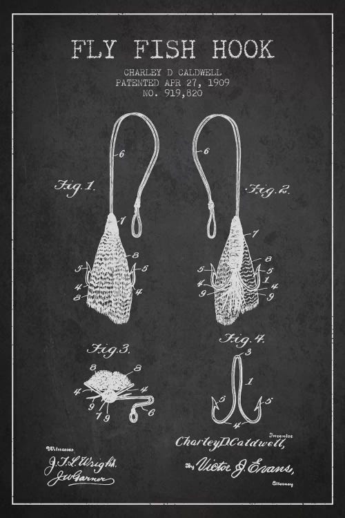Flyfish Hook Charcoal Patent Blueprint by Aged Pixel wall art