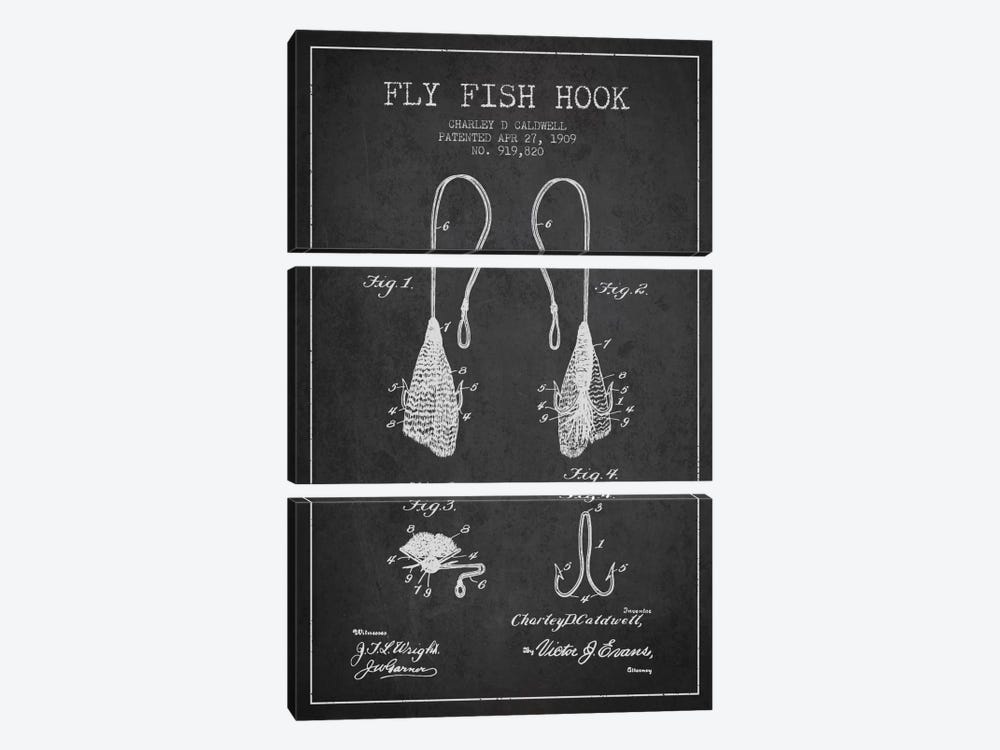 Flyfish Hook Charcoal Patent Blueprint by Aged Pixel 3-piece Canvas Print
