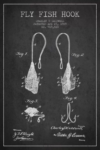 Sports Blueprints: Flyfish Hook Charcoal Patent Blueprint by Aged Pixel