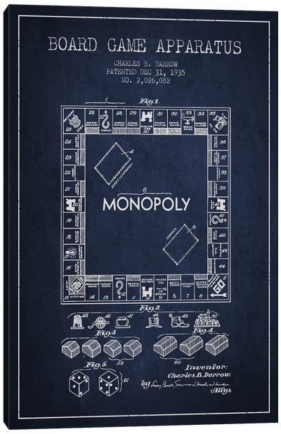 Monopoly Navy Blue Patent Blueprint Canvas Art Print - Aged Pixel: Toys & Games