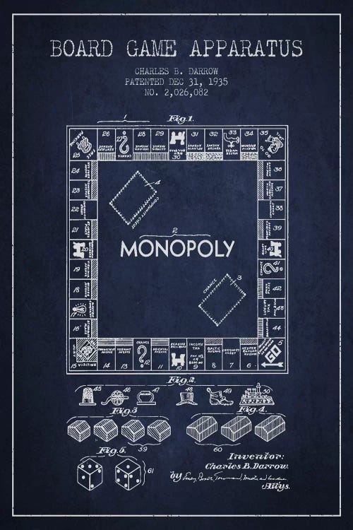 Monopoly Navy Blue Patent Blueprint by Aged Pixel wall art