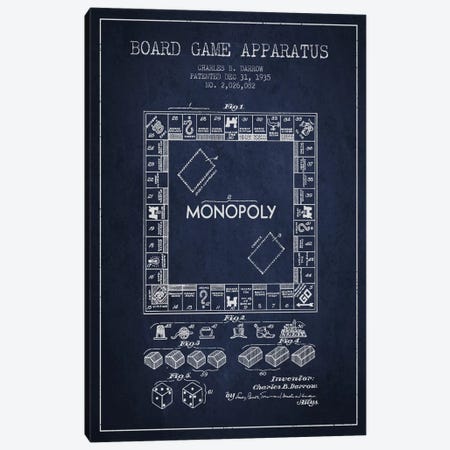 Monopoly Navy Blue Patent Blueprint Canvas Print #ADP123} by Aged Pixel Canvas Artwork
