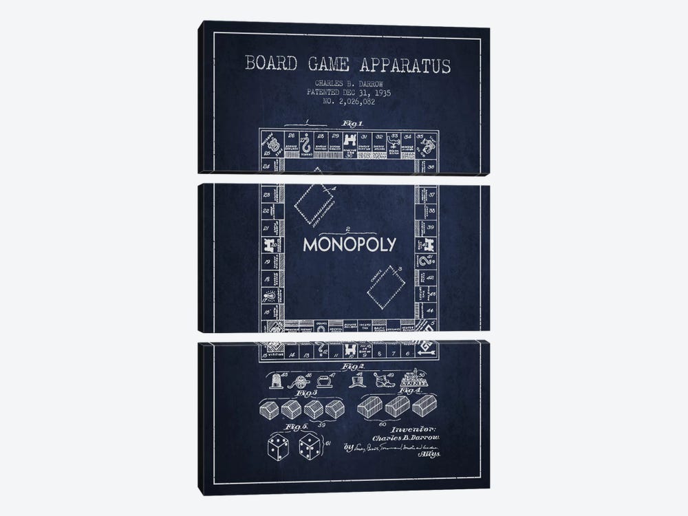 Monopoly Navy Blue Patent Blueprint by Aged Pixel 3-piece Canvas Print