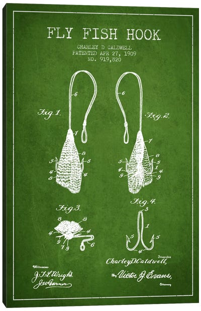 Flyfish Hook Green Patent Blueprint Canvas Art Print